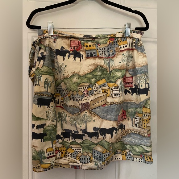 Vintage On the Verge Primitive Folk Western Cows Village Wrap Skirt -Made in USA - Picture 6 of 10